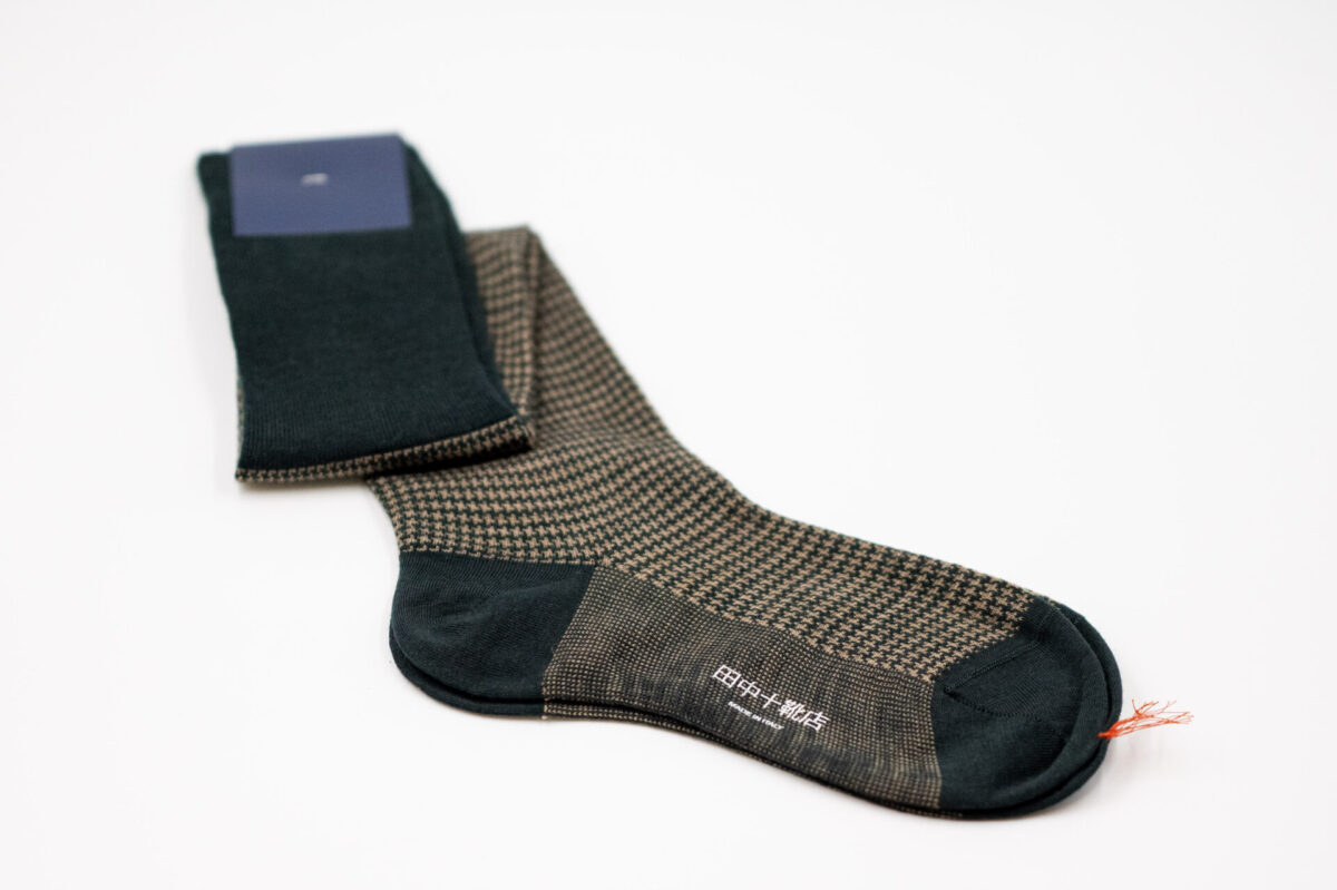 田中十靴店ロングホーズ 千鳥格子bottle green×blond